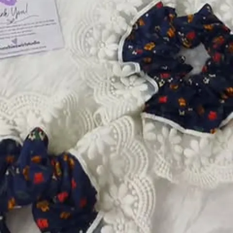 Navy floral scrunchies with ivory lace
