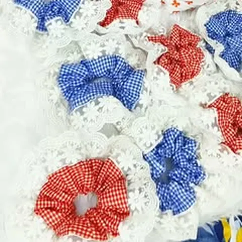 Red and blue gingham scrunchies with white lace
